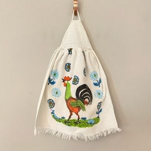 Vintage rooster colorful kitchen towel with a crochet top